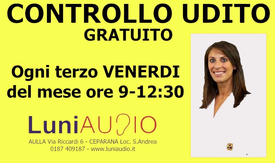 Screening gratuito udito presso la farmacia comunale di Ceparana (SP) locandina del controllo gratuito dell'udito ogni terzo venerdì del mese a Ceparana (SP)